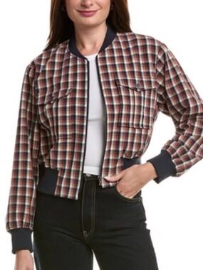 Kenneth Cole Red and Brown Plaid Bomber Jacket